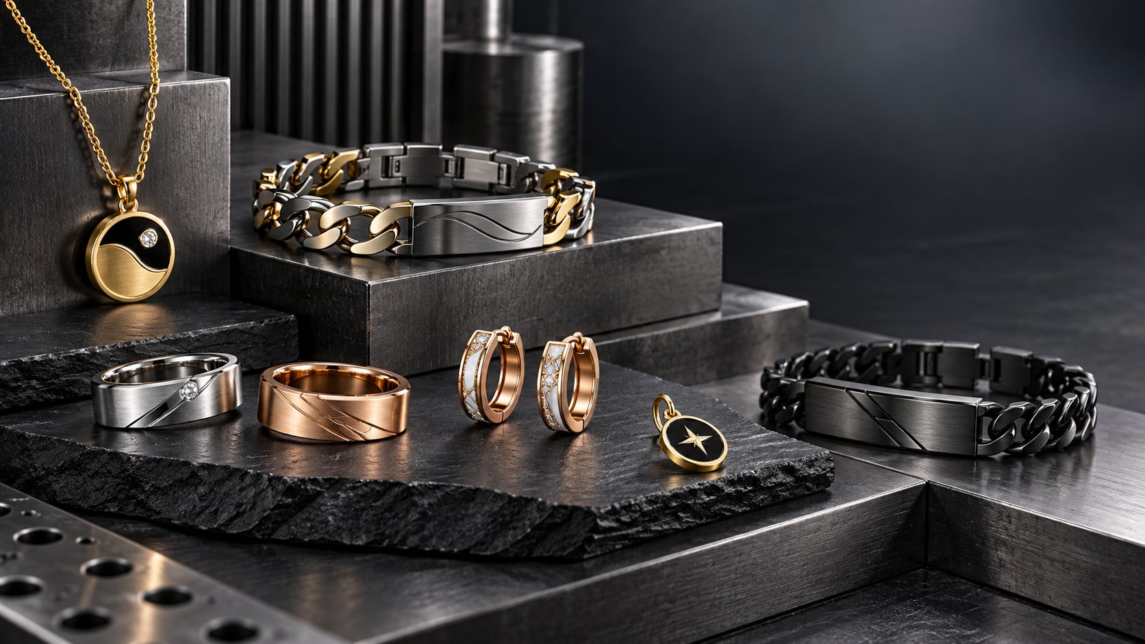 Stainless steel jewelry on slate — rings, bracelets, earrings and pendants in steel, gold, rose gold and black finishes