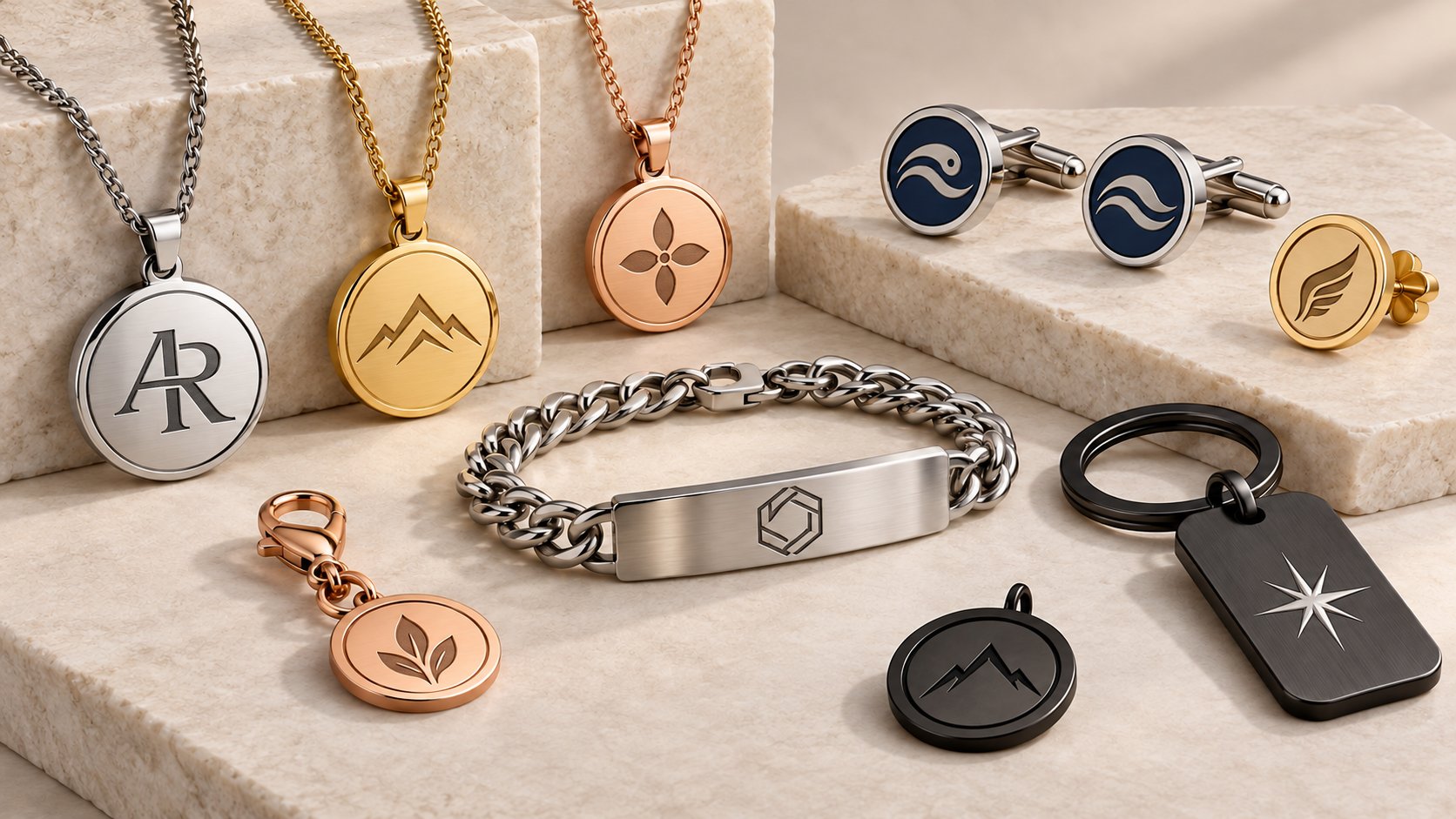 Logo jewelry — pendants, cufflinks and keyrings carrying multiple brand marks in steel, gold, rose gold and black