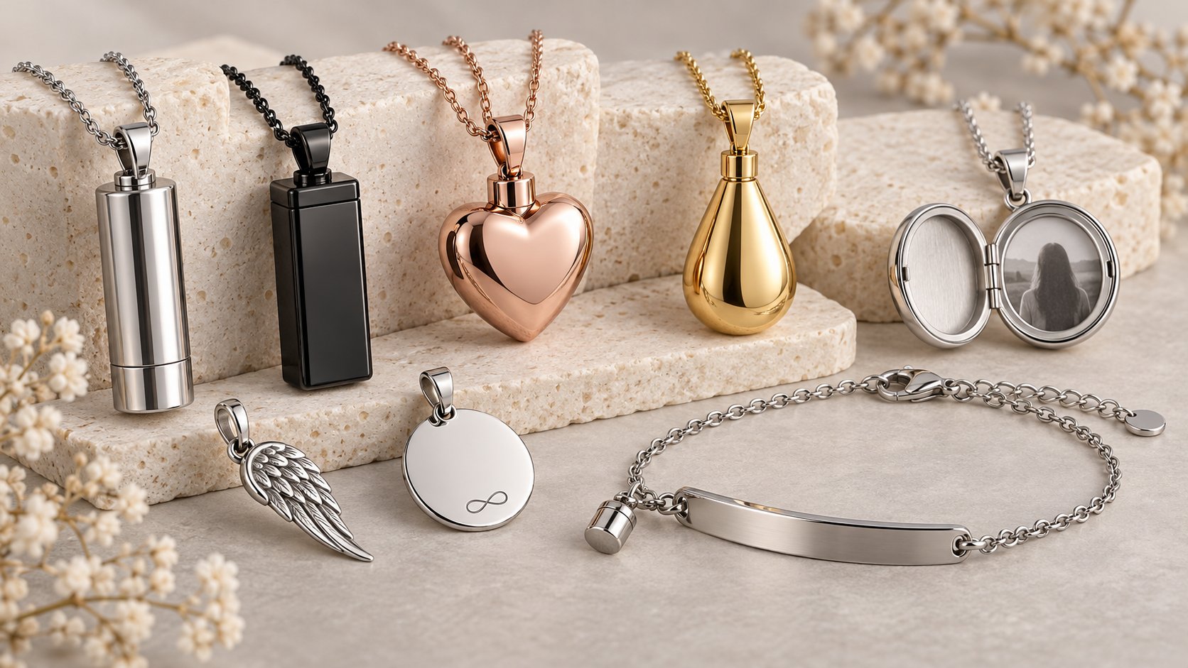Memorial stainless steel jewelry — urn pendants, a heart ash holder, a teardrop keepsake and an engraved photo locket