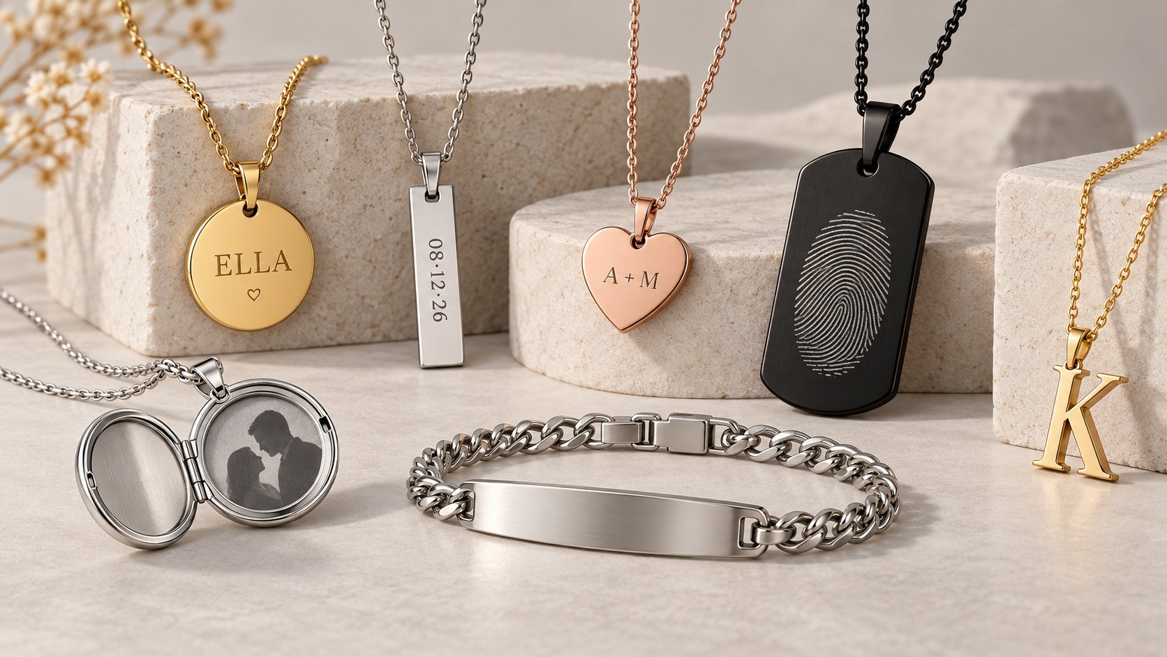 Personalized stainless steel jewelry with engraved names, dates, initials, a fingerprint and a photo locket