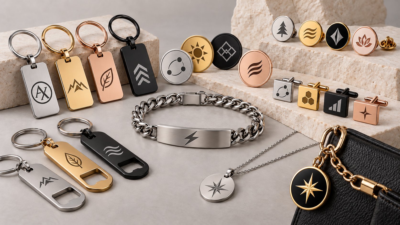 Promotional stainless steel items — keyrings, bottle openers, pin badges, cufflinks and a bracelet with engraved logos