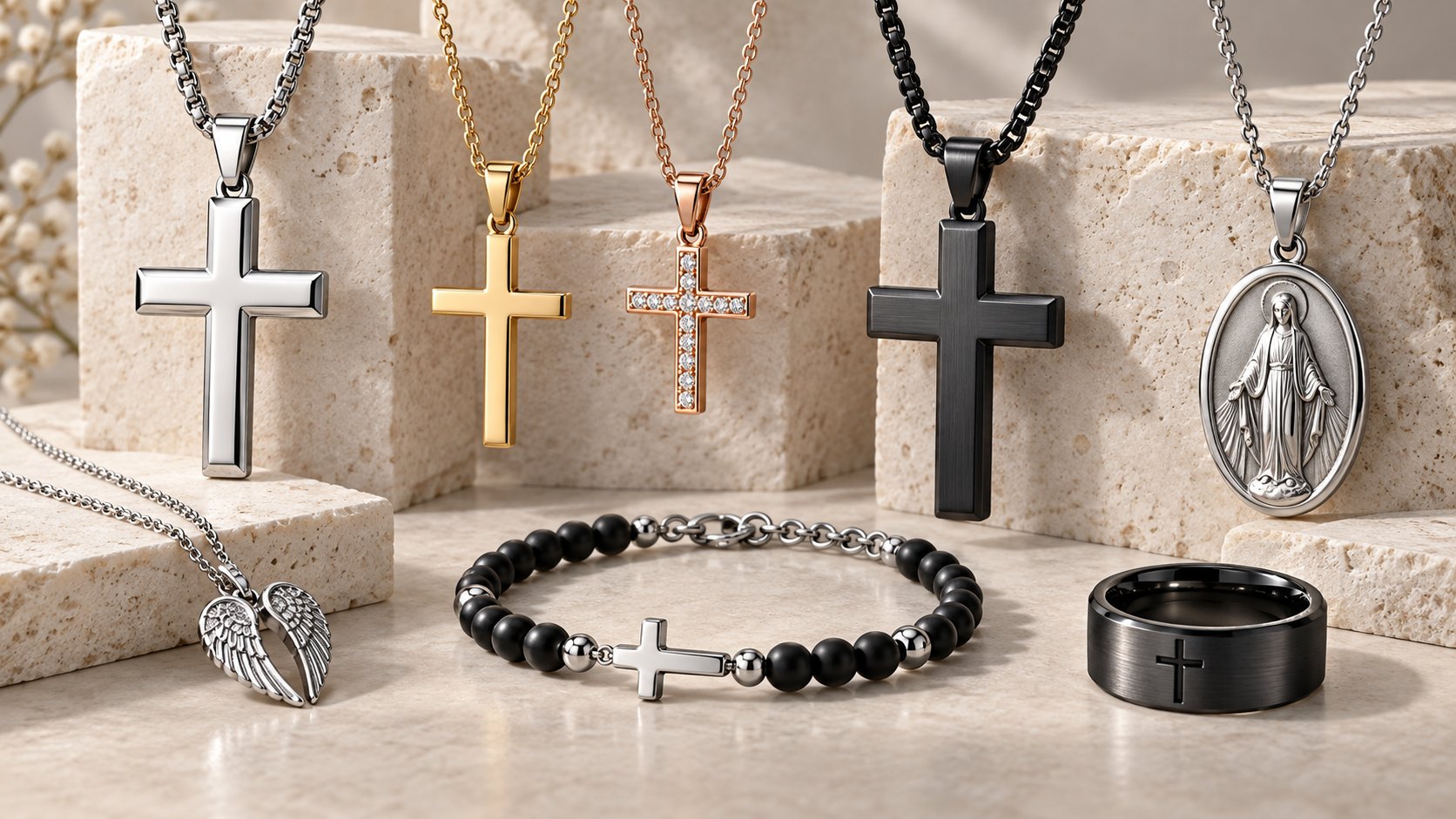 Religious stainless steel jewelry — crosses, a CZ-set cross, a Madonna medal, angel wings and a cross-bead bracelet