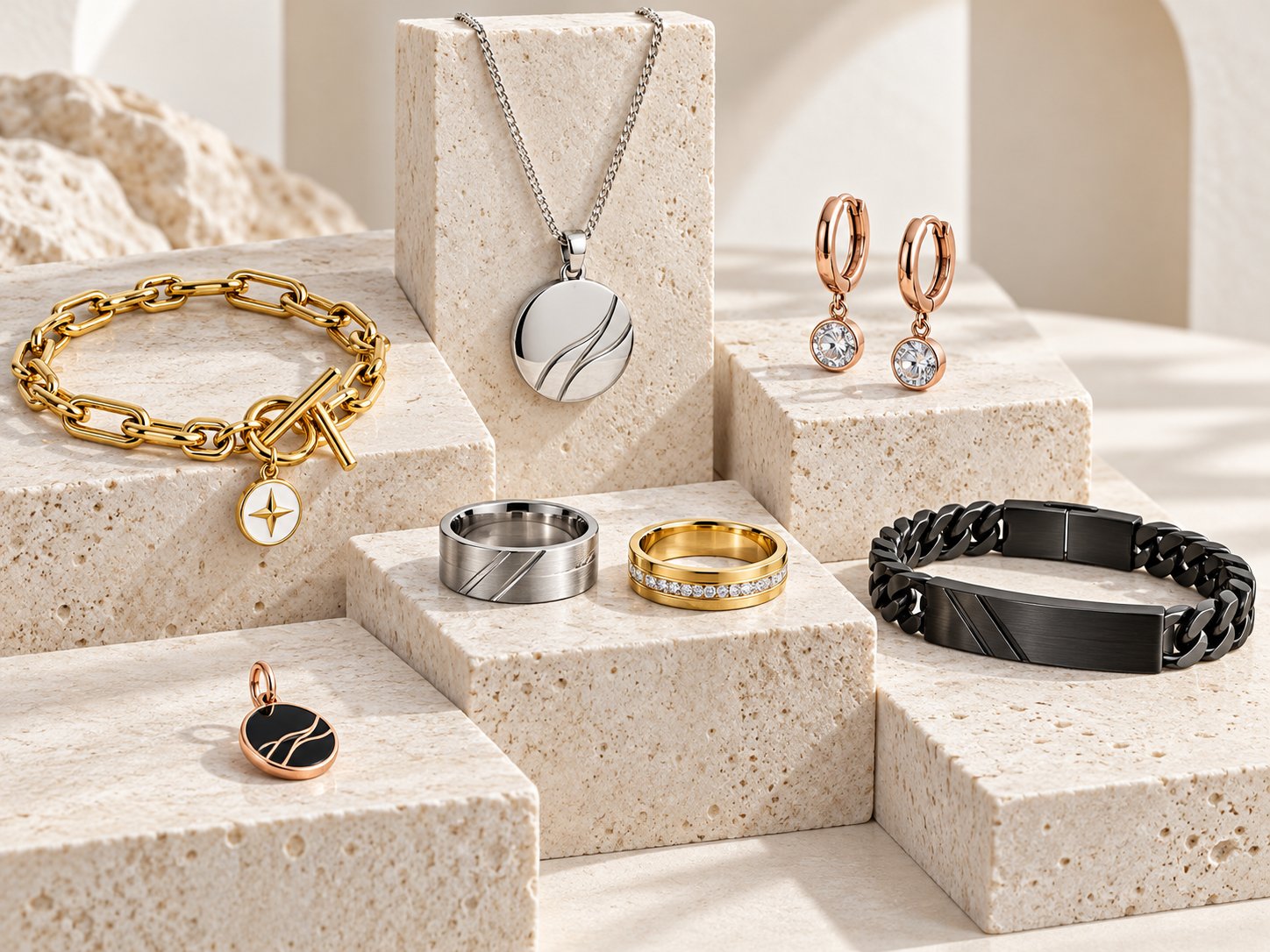 Stainless steel rings, necklace and bracelet on travertine plinths