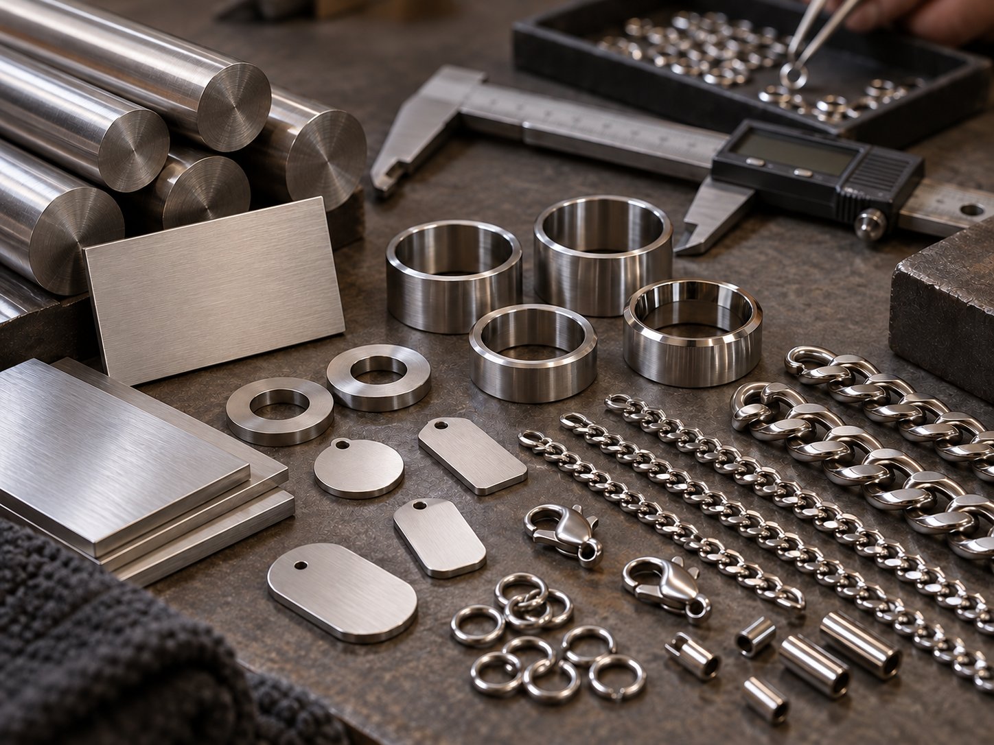 Stainless steel jewelry samples and technical drawings