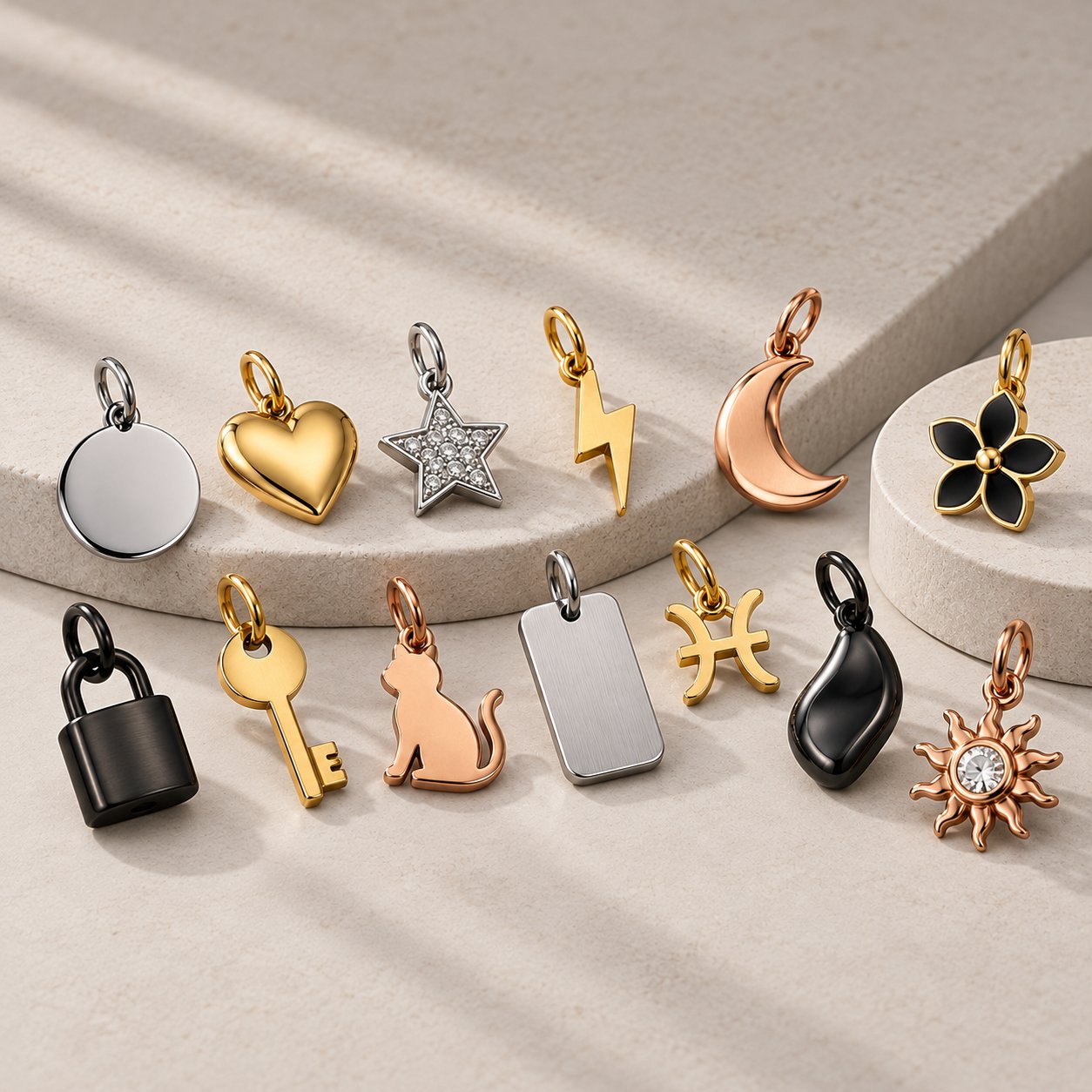 Custom stainless steel charms by KUBO Jewelry