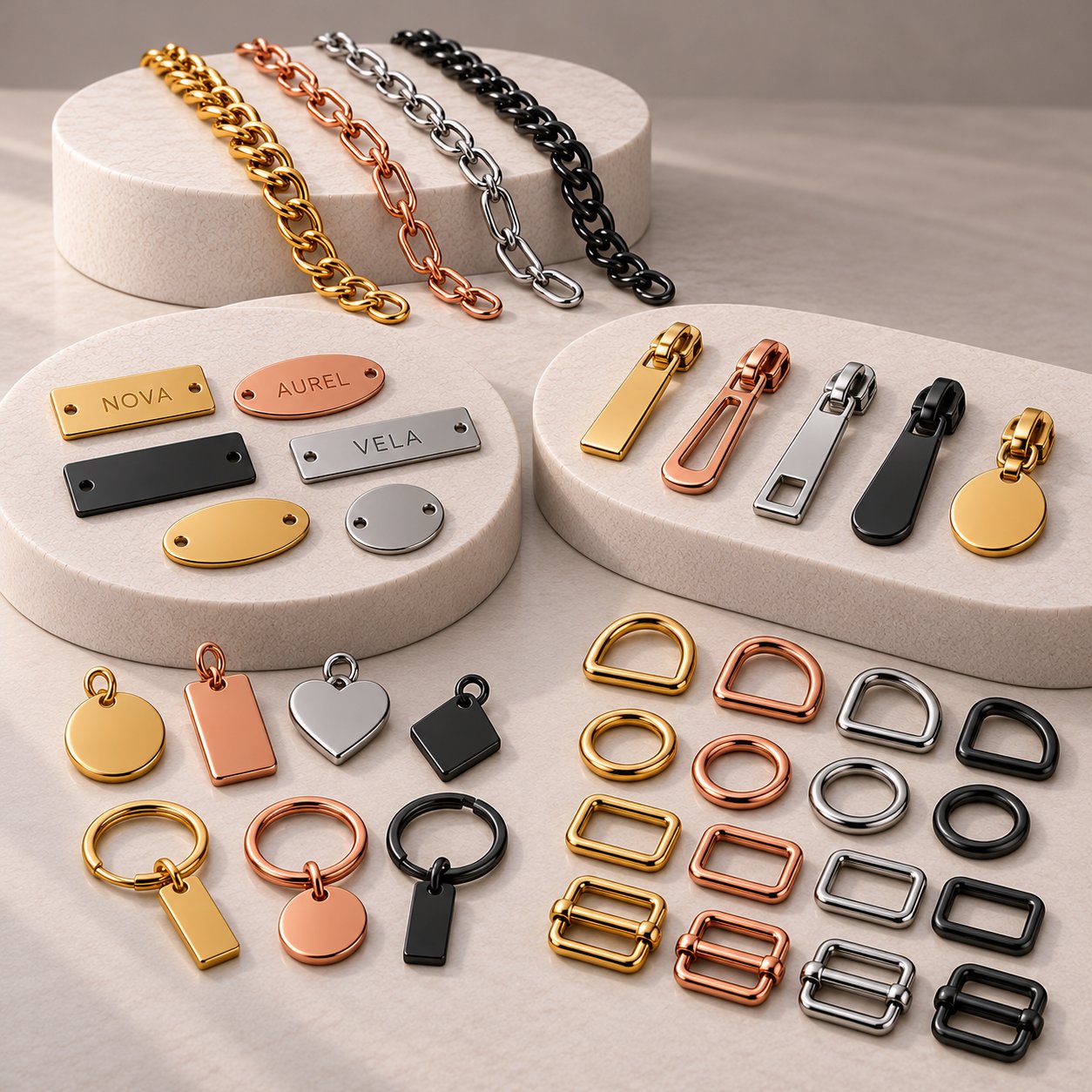 Stainless steel fashion hardware — engraved logo tags, zipper pulls, bag charms, D-rings and rectangular rings by KUBO Jewelry
