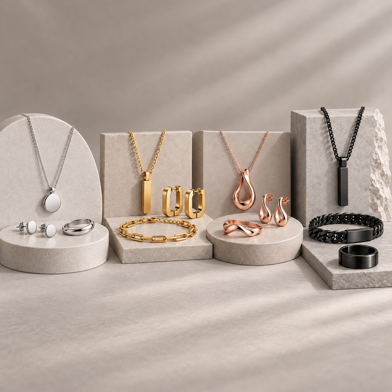 Custom stainless steel men's jewelry — signet rings, dog tags and heavy chains by KUBO Jewelry