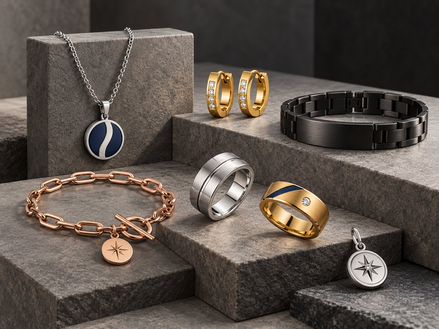 A stainless steel jewelry collection on stone plinths — necklaces, earrings, rings and bracelets developed by KUBO Jewelry