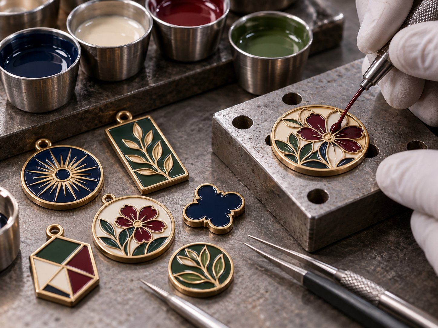 Hand-applied enamel colour filling on stainless steel pendants