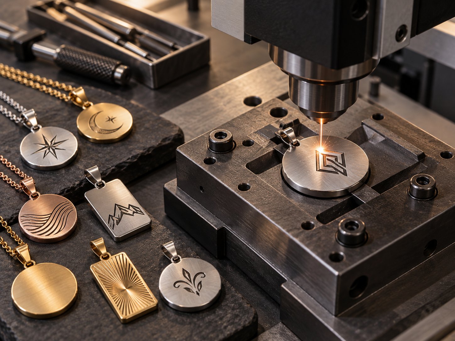 Laser engraving a logo onto a stainless steel pendant