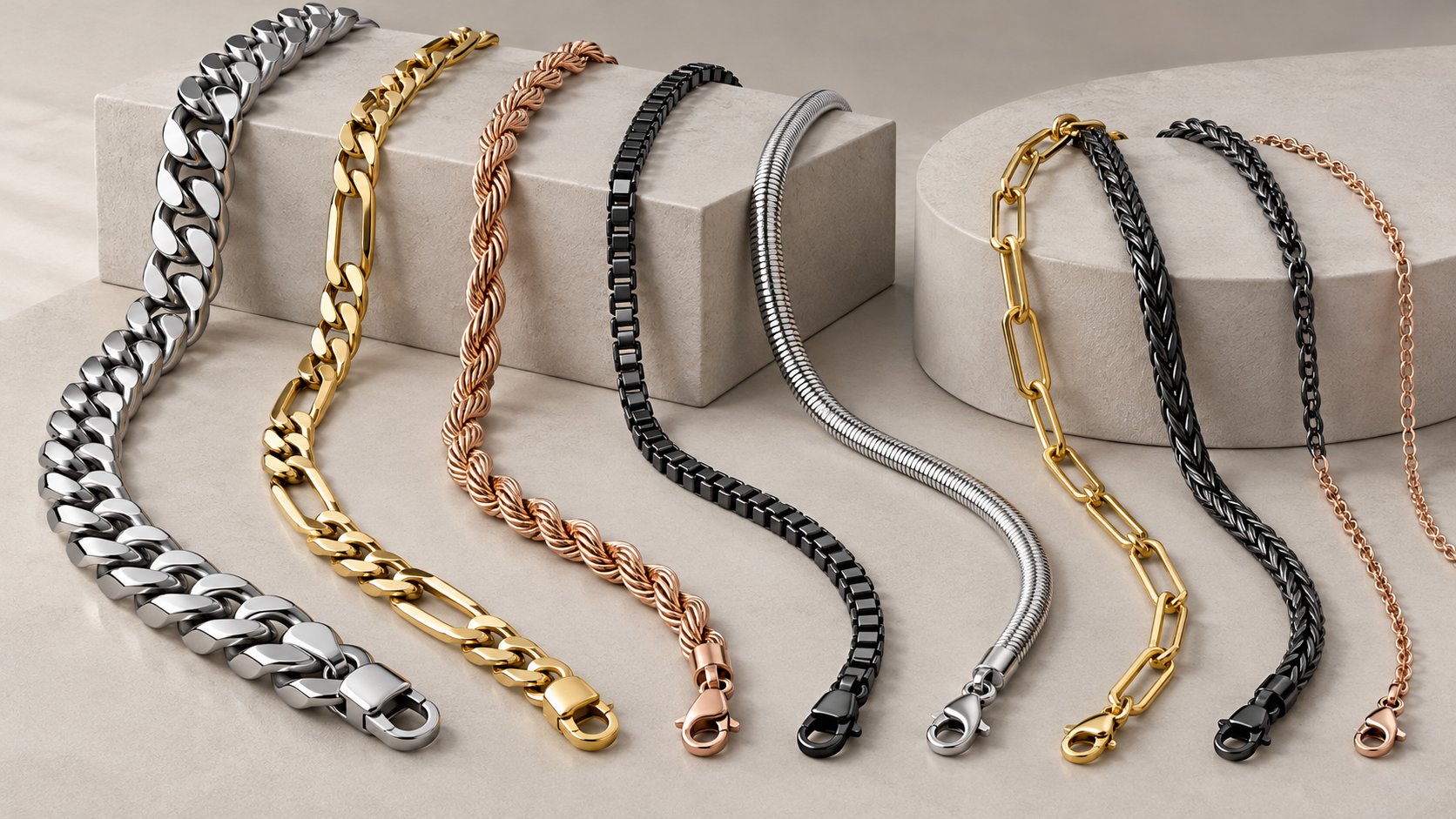 Stainless steel chain types — curb, Figaro, rope, box and snake