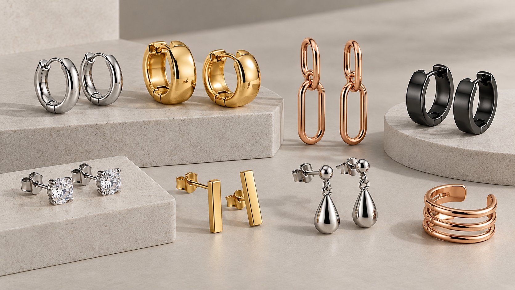 Custom stainless steel earrings — hoops, studs and drops
