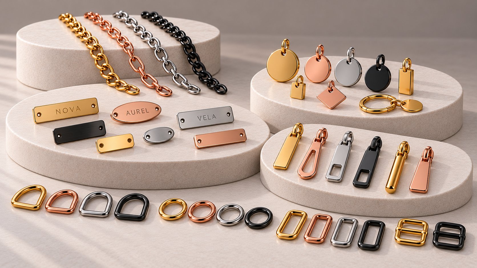 Engraved logo plates, zipper pulls, D-rings, rectangular rings and buckles in steel, gold, rose gold and black