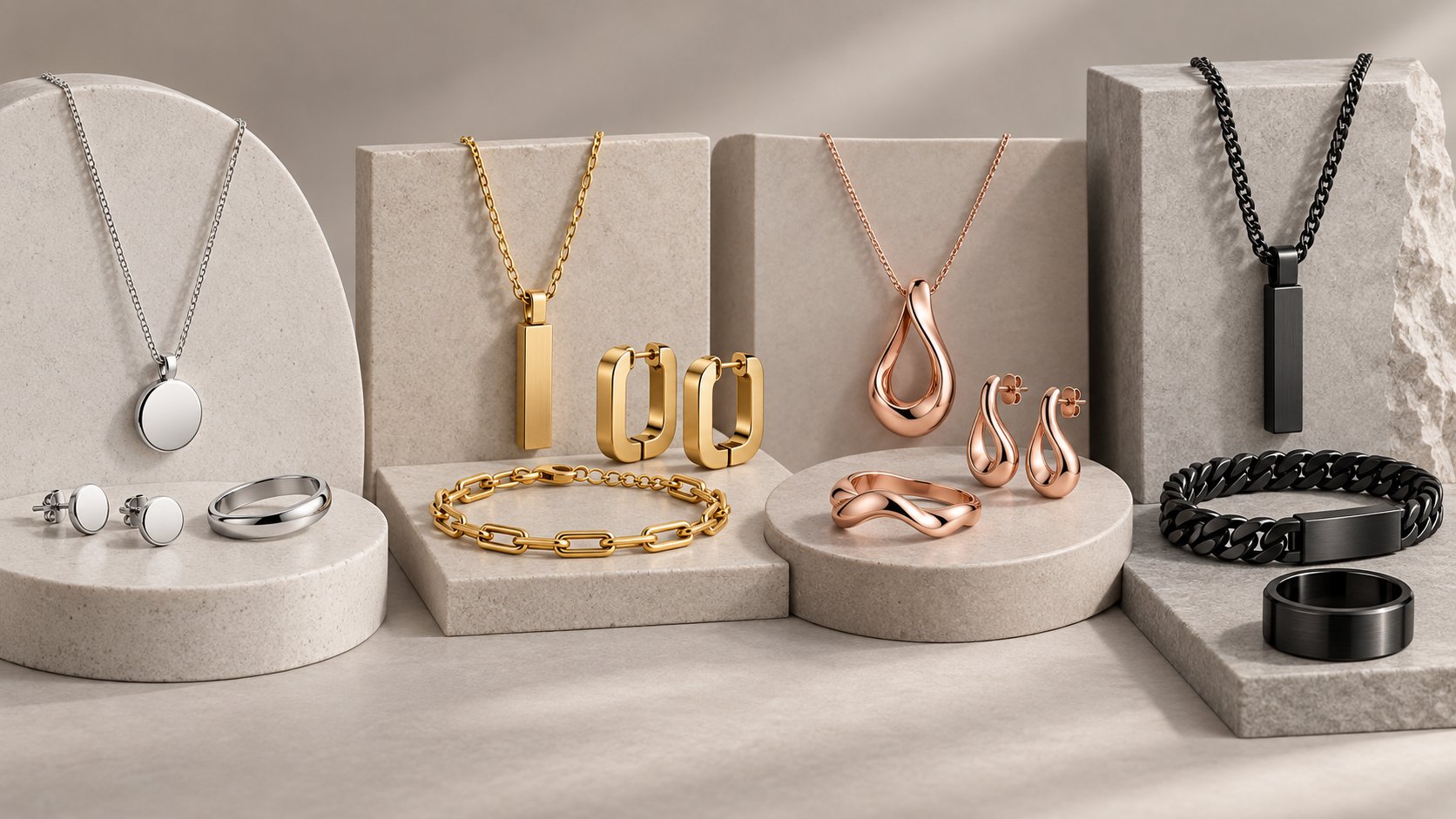 Custom stainless steel men's jewelry — signets, dog tags and heavy chains