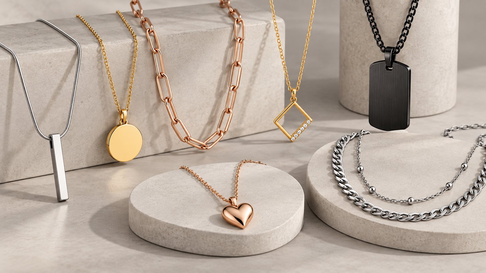 Custom stainless steel necklaces and pendants in four finishes