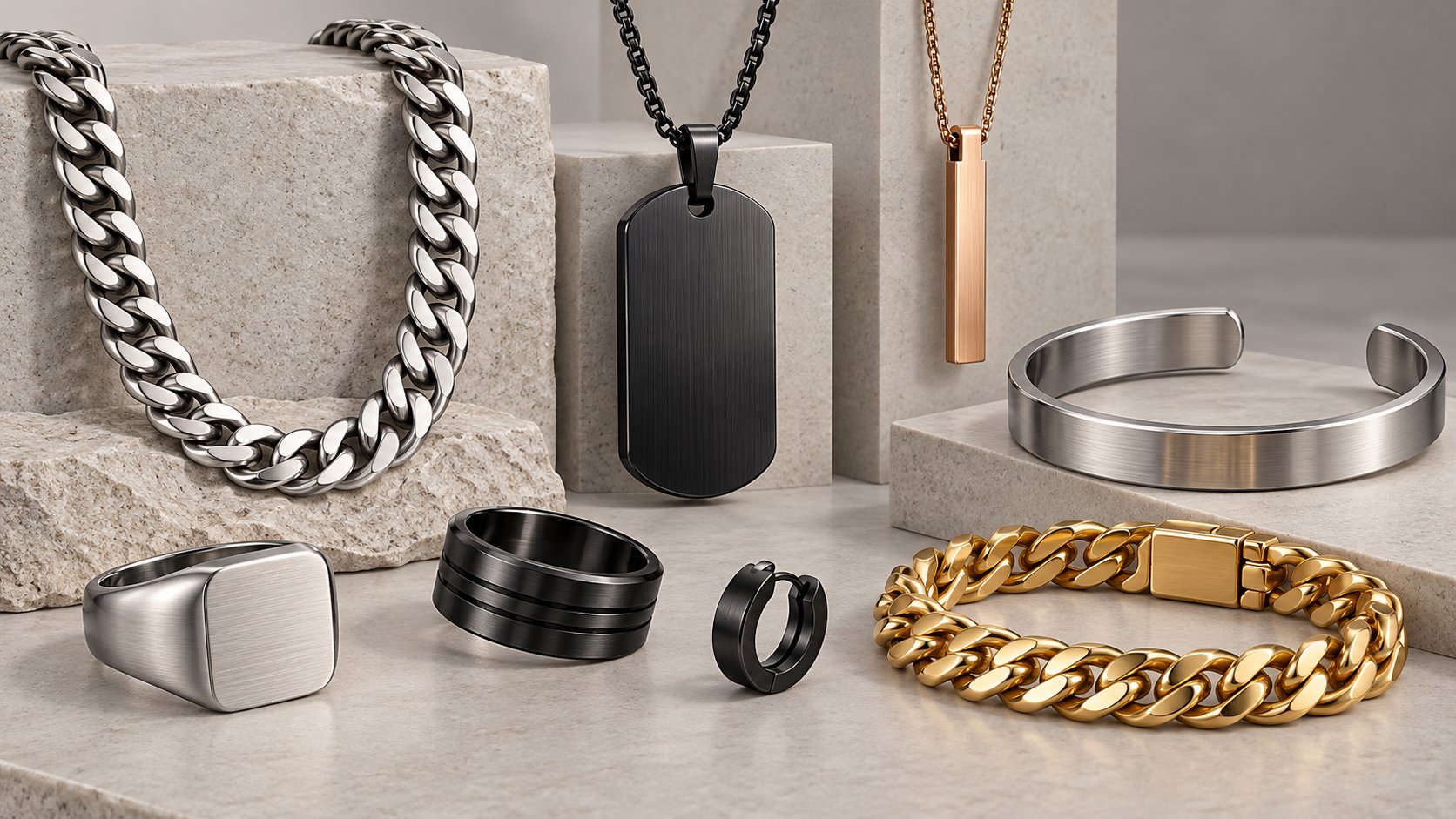 Coordinated stainless steel jewelry sets across four finishes